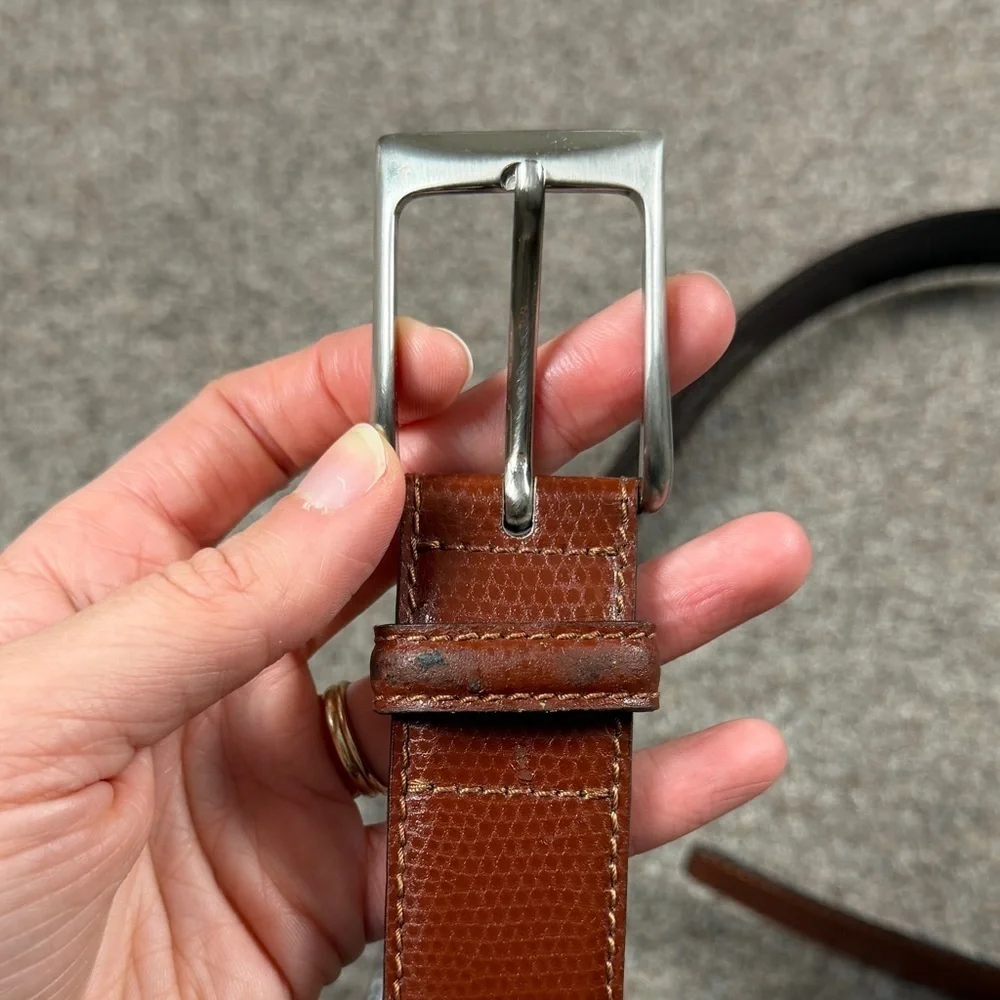 Miguel Bellido Brown Genuine Leather Belt Mens Size 36 Silver Tone Square Buckle